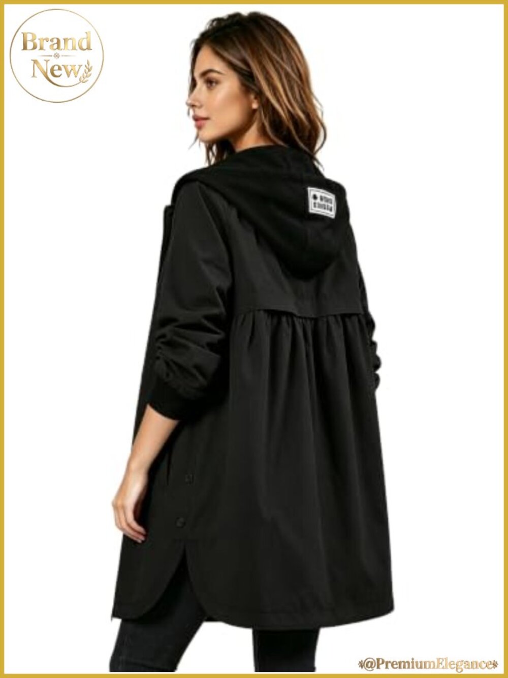 Womens Hooded Trench Jacket Zip Up Long Windbreaker Coat with Pockets